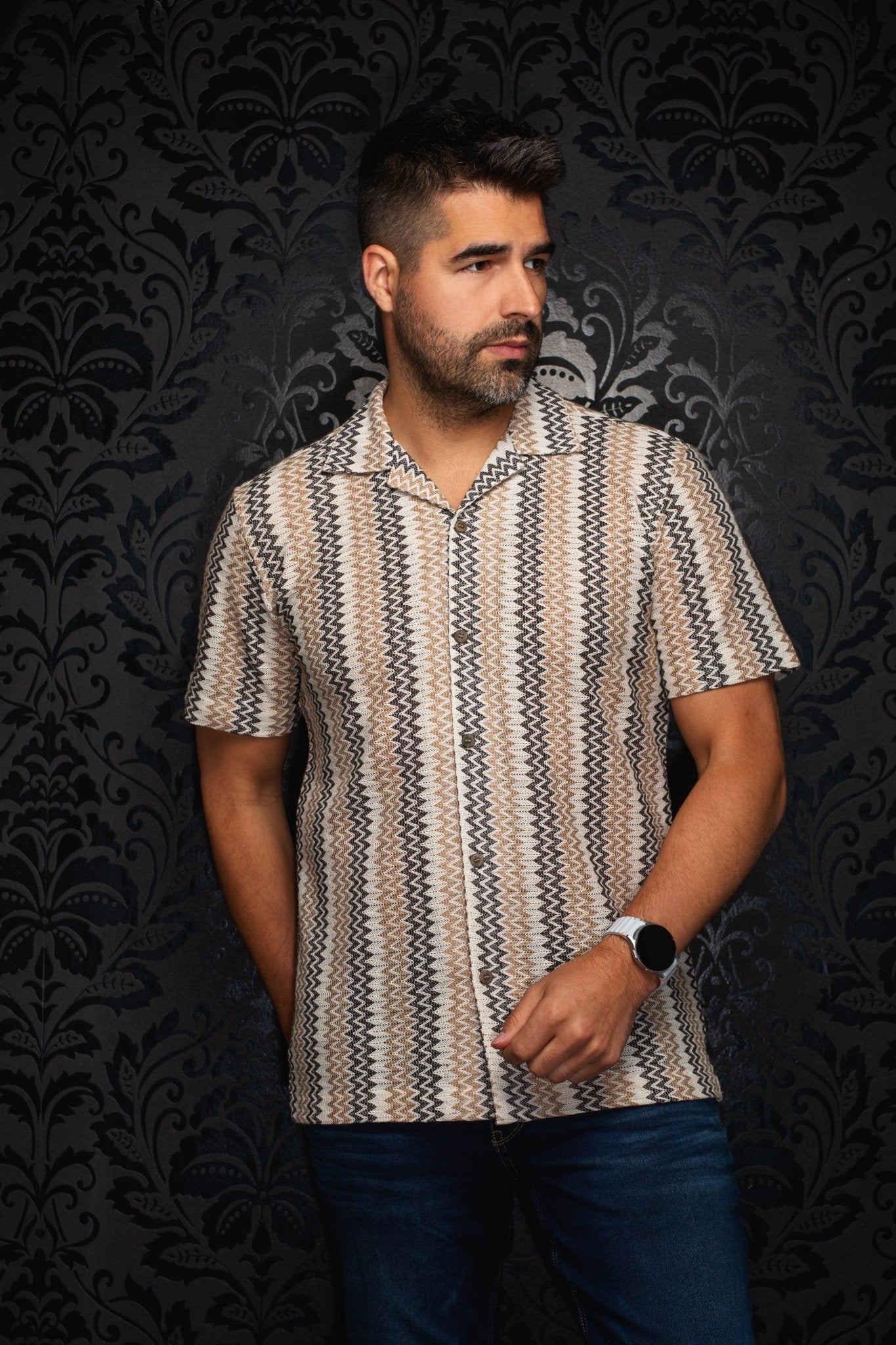 CHEMISE MANCHES COURTES COL OUVERT | RAJ - T, Beige Grey - AU NOIR
