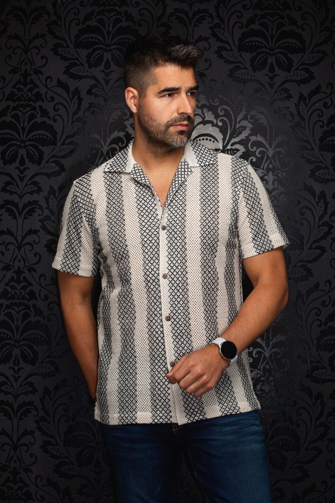 CHEMISE MANCHES COURTES COL OUVERT | RAJ - T, Cream Black - AU NOIR