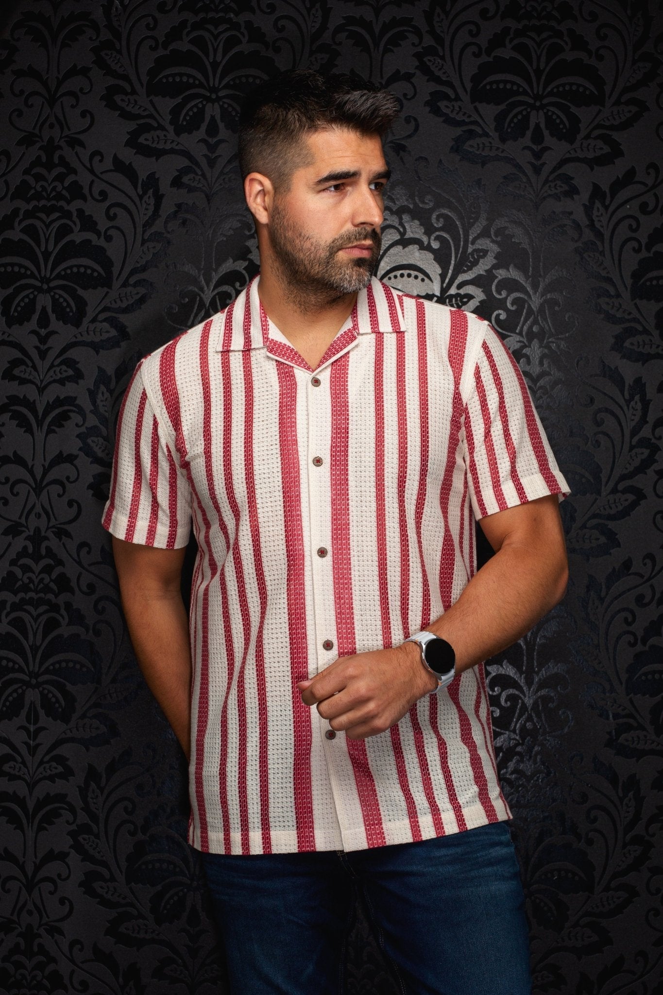 CHEMISE MANCHES COURTES COL OUVERT | RAJ - T, Stone Cabermet - AU NOIR