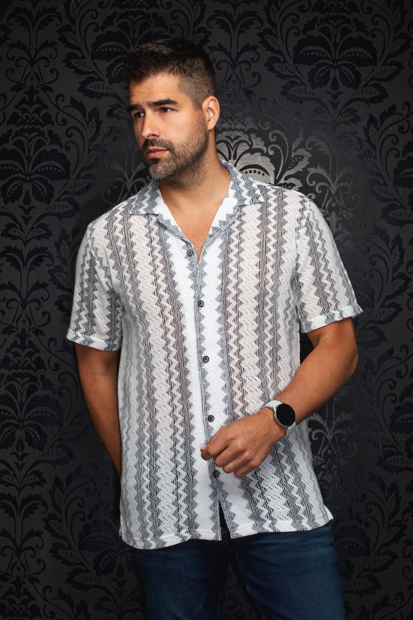 CHEMISE MANCHES COURTES COL OUVERT | RAJ - T, White Navy - AU NOIR