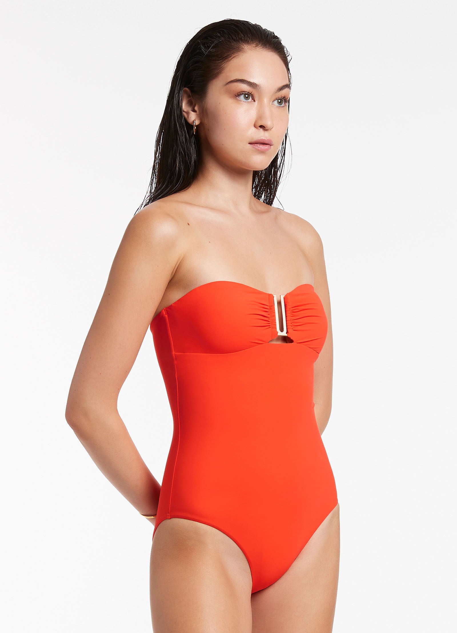 ★orogee★ SPELLING STRAP SWIMSUIT_ORANGE Orange Asymmetric Strap Cut Out Swimsuit | Swimwear