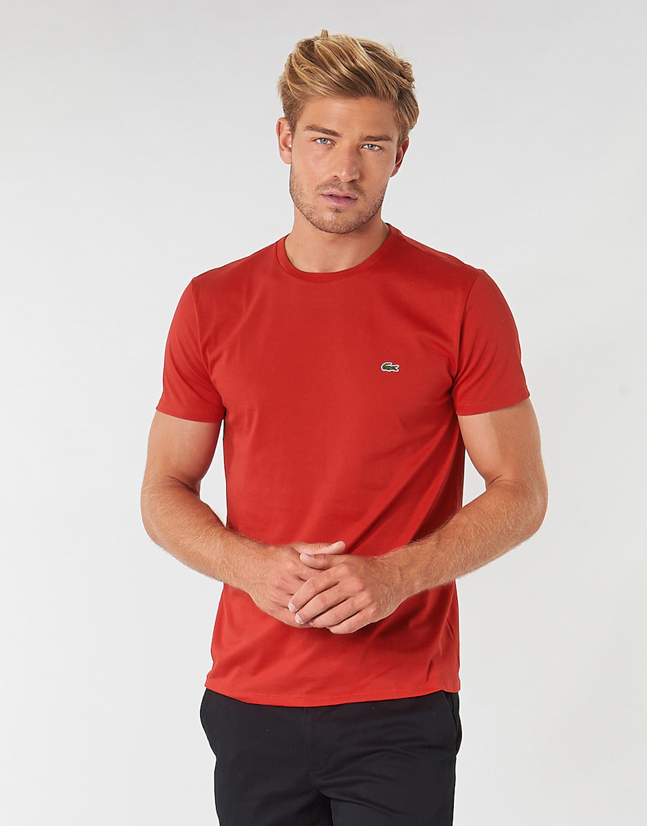 T-Shirt Col Rond En Jersey De Coton Pima Uni Lacoste de couleur Rouge