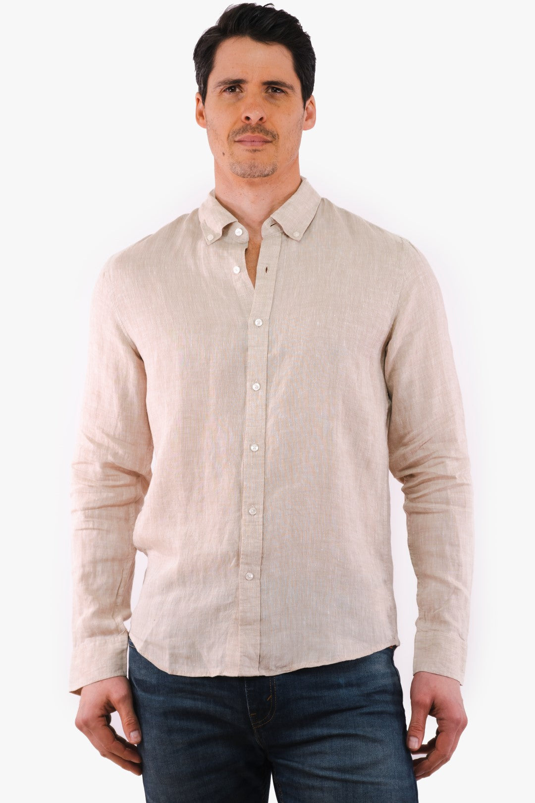 Michael Kors Long Sleeve Linen Shirt in Beige color