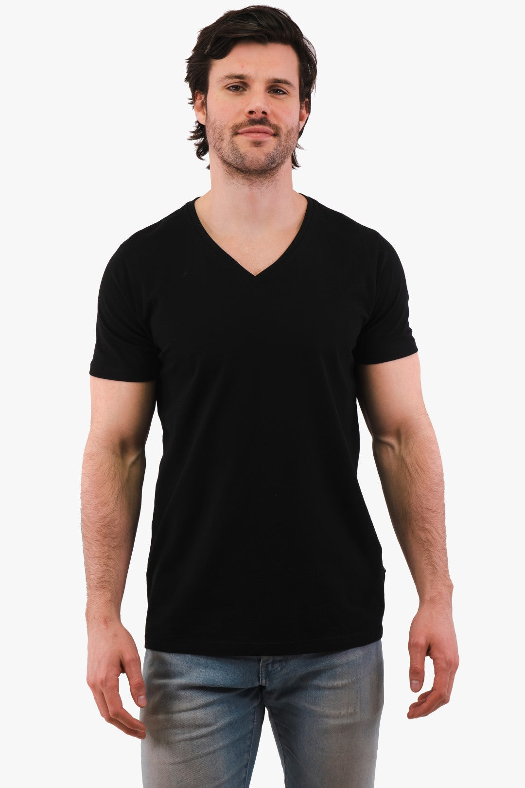 T-Shirt Col V En Coton Extensible Matinique de couleur Noir