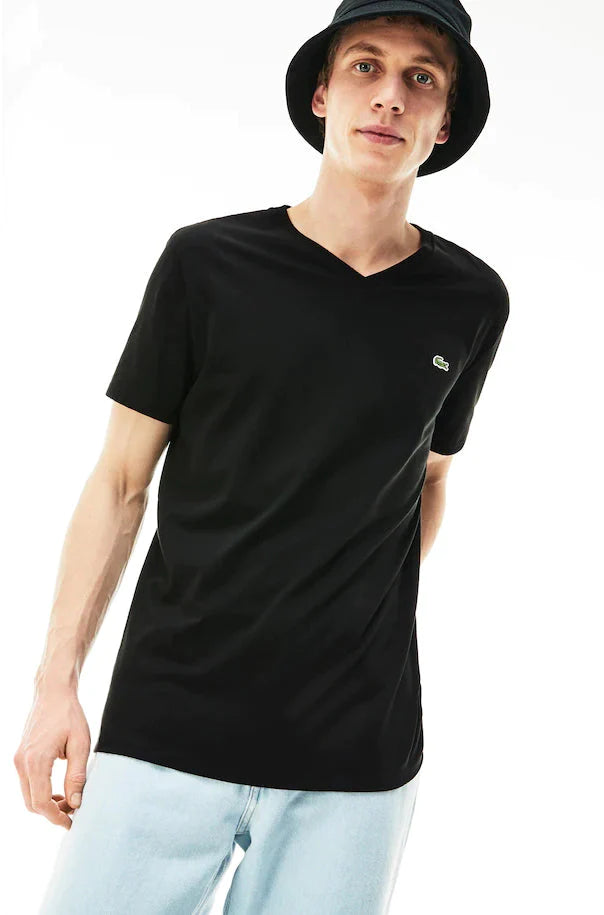 T-Shirt Col En V En Jersey De Coton Pima Uni Lacoste de couleur Noir