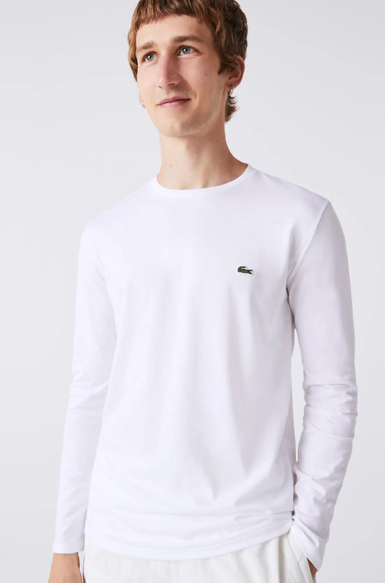 T-Shirt Col Rond À Manches Longues Doux Lacoste de couleur Blanc