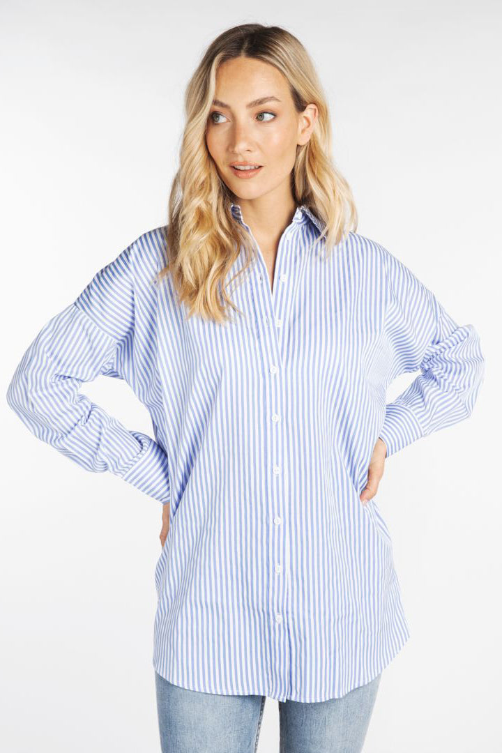 Blouse Longue Lignée Esqualo De Couleur Blanc/bleu Femme